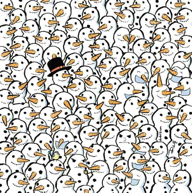 Desafio Visual: Encontrar o urso polar entre bonecos de neve